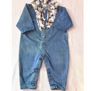 Baby Girl 12 Months Denim Vintage Snap Up Romper With Dolls Scarf 80s or 90s